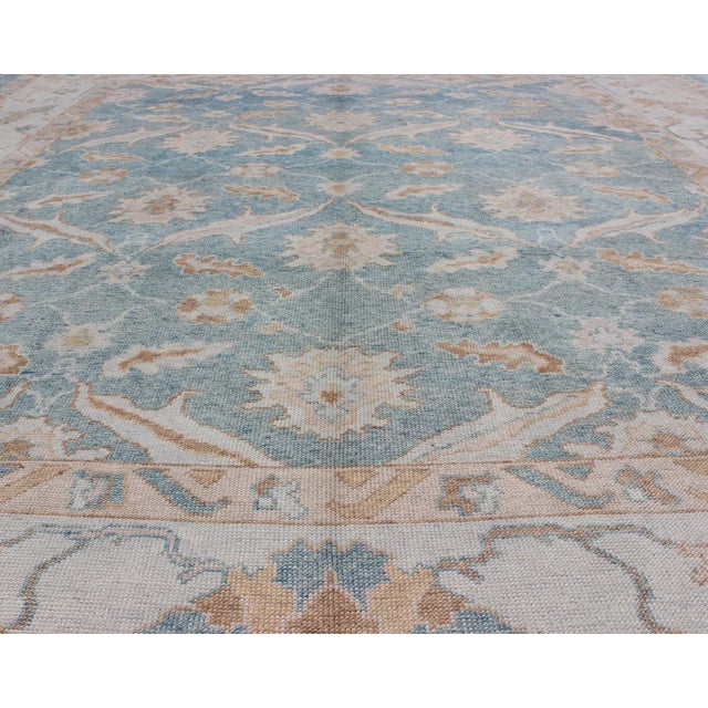 Blue Square Turkish Oushak Rug in Light Blue, Light Brown, Salmon, Silver & Tan For Sale - Image 8 of 12