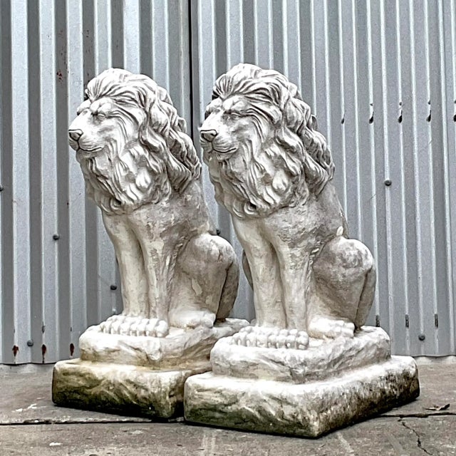 Sculpture Materials Vintage Traditional Gatekeeper Cast Cement Lion Statues - A Pair For Sale - Image 7 of 10