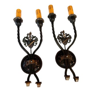 1920s Iron and Brass Mediterranean Inspired Sconces With Shields and Strapping Detail - a Pair For Sale