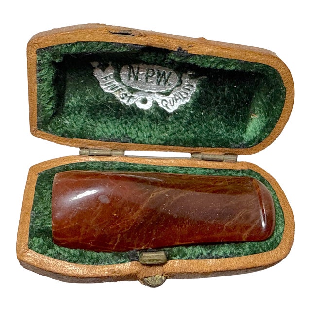 Antique Cheroot Cigar Cigarette Genuine Natural Amber W/ Hard Leather Box Case For Sale