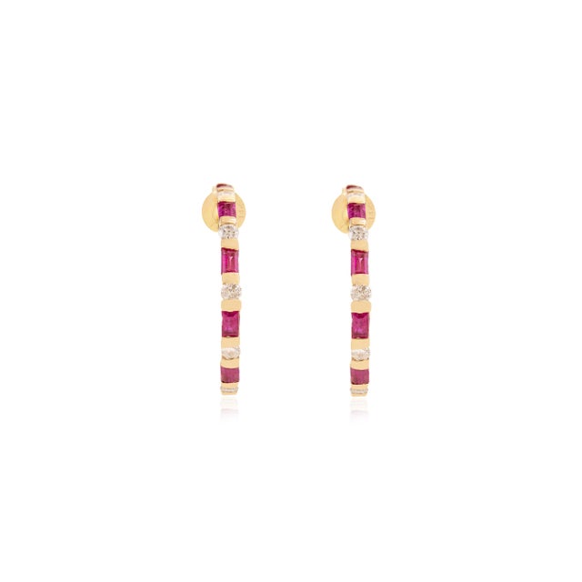 Mid-Century Modern Art Deco-Inspired Natural Ruby & Diamond Hoop Earrings in 14k Gold- 2 Pieces For Sale - Image 3 of 14