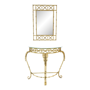 Hollywood Regency Faux Bamboo Demilune Entry Console Table With Mirror