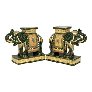 Vintage Asian Ceramic Elephant Bookends – Chinese Chinoiserie Decorative Statement