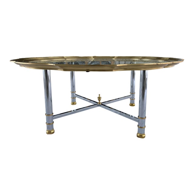 Vintage Jansen style chrome x base coffee table under heavy scalloped brass and glass top, manufactured in Italy likely by...