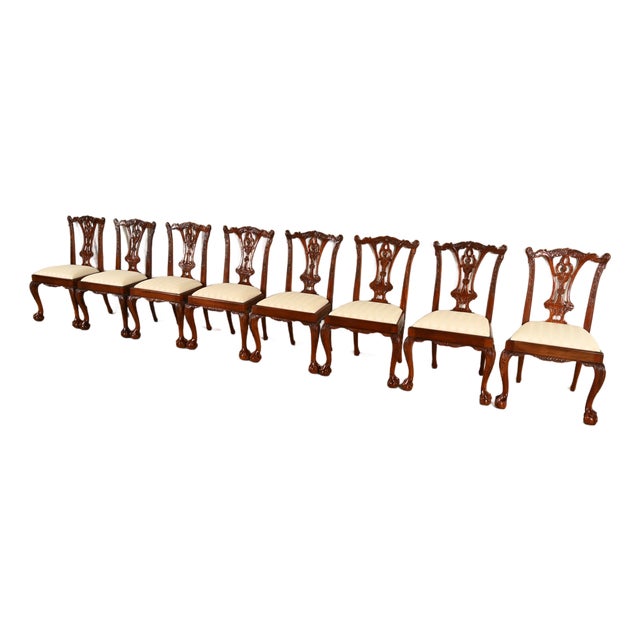 Baker Furniture Style Chippendale Carved Mahogany Dining Chairs, Set of Eight For Sale