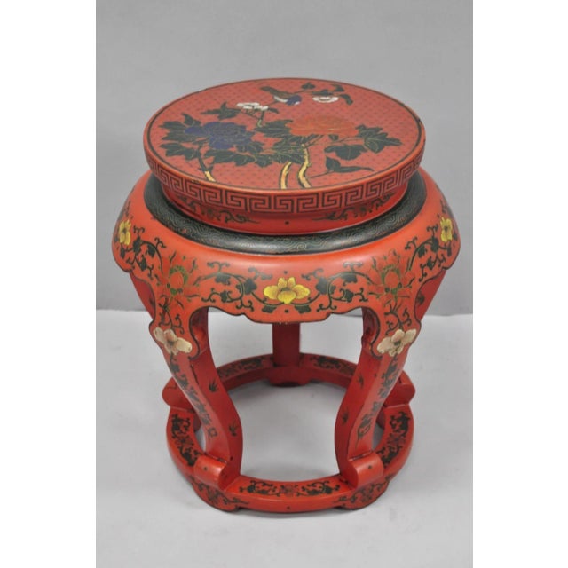 Vintage Chinoiserie Red Lacquer Pedestal Plant Stand Garden Stool Side Table (A) For Sale - Image 14 of 15