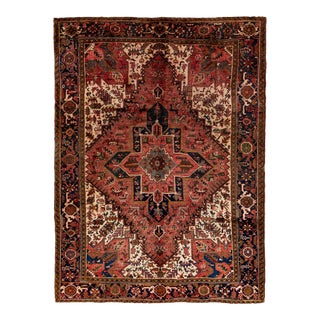 Vintage Handmade Heriz Rust Medallion Wool Rug 6'11" X 9'3" For Sale