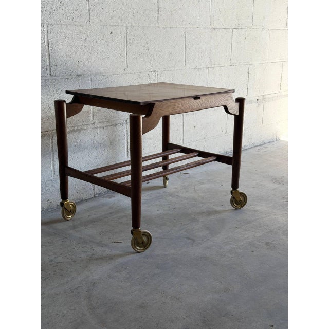 Vintage Danish Modern Teak Bar Cart Serving Trolley on Casters For Sale In Los Angeles - Image 6 of 9