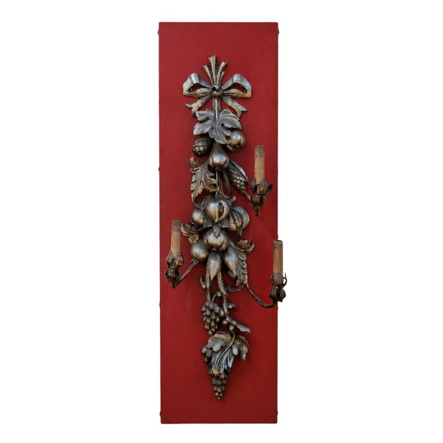 Large Three-Light Wall Sconce in Silvered Wood with Fruit and Vine Leaves, 1920s For Sale - Image 6 of 6