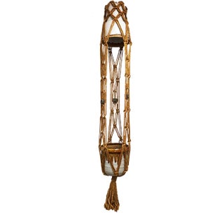 Vintage Jute Macrame and Ceramic Pot + Pendant Light, 1960-70s For Sale