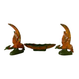 Rare Mid-Century California Original Pottery/Ceramics Oblong Scalloped Edged Low Bowl & Two Fire Phoenix Pheasant Birds 3 Pieces Excellent Condition. For Sale