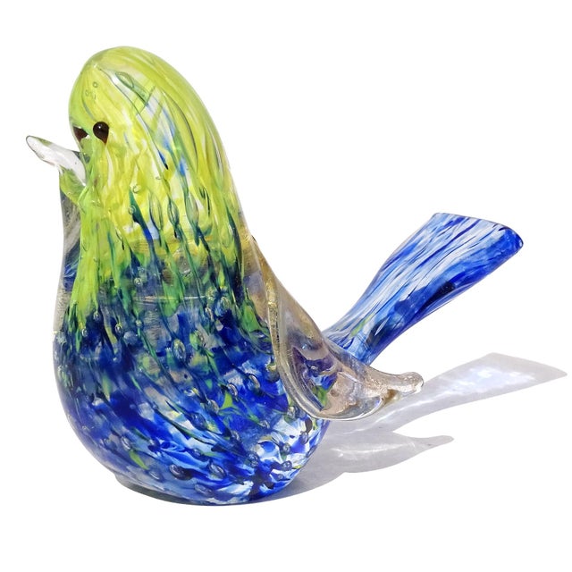Barovier & Toso Murano Barovier Toso Vintage Yellow Blue Spots Gold Fleck Italian Art Glass Love Bird Figurine Paperweight For Sale - Image 4 of 6