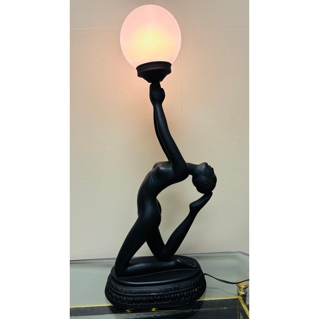Elegant Art Deco Style Black Women Figural Table Lamp With Frosted Globe Shade Hollywood Regency For Sale - Image 4 of 9