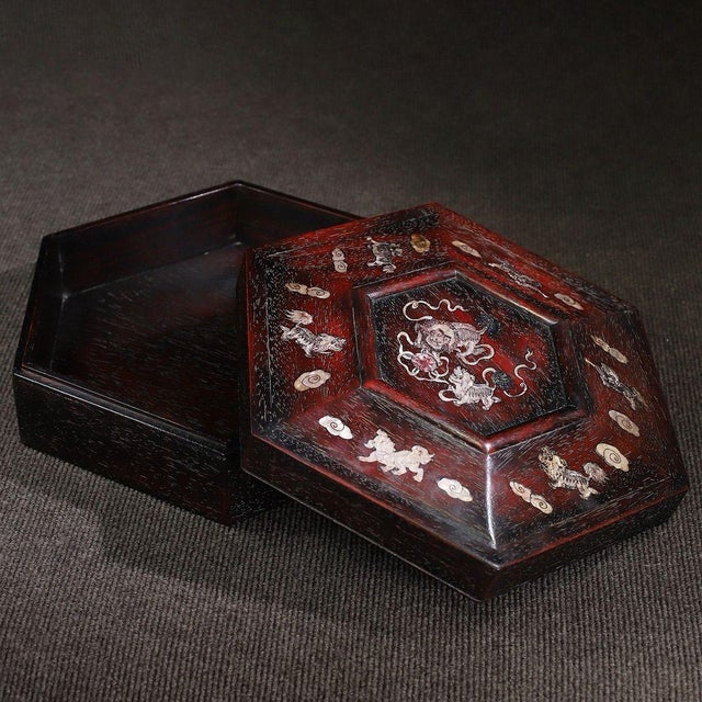 Brown Zitan Wood Hexagonal Box Inlaid With Mother-of-Pearl For Sale - Image 8 of 10