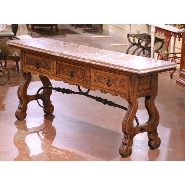 Mid 19th Century 19th Century Spanish Baroque Carved Oak Console With Breccia Marble Top For Sale - Image 5 of 12