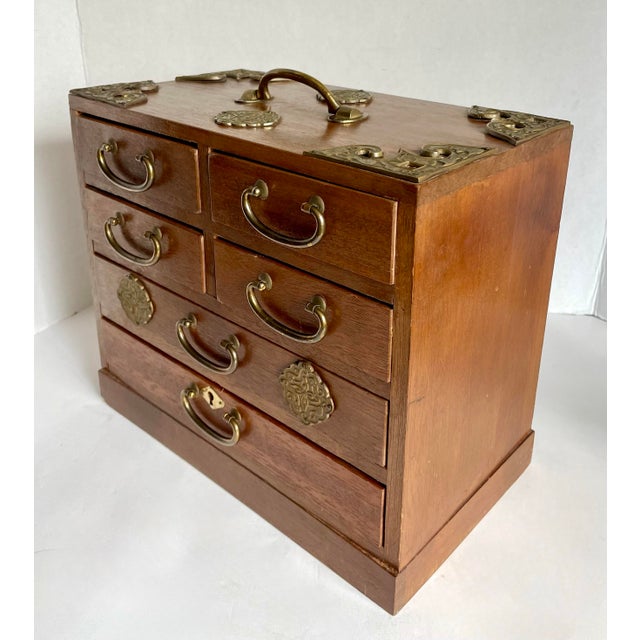 1960s Vintage Japanese Tansu Wood & Brass Six-Drawer Jewelry Chest For Sale - Image 5 of 12
