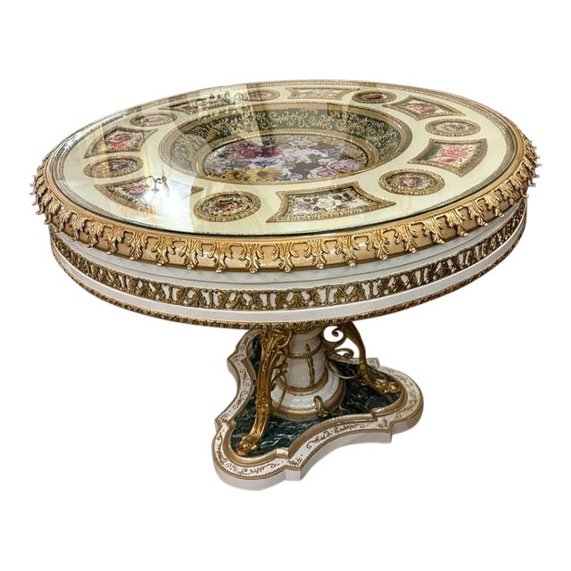 Grand French-Inspired Round Dining Table – White Pedestal Base, Floral Decorative Inlay & Ornate Gold Leaf Details For Sale