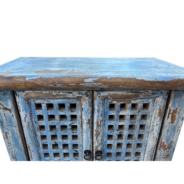 2000 - 2009 Distressed Ink Light Blue Grid Pattern Doors End Table Nightstand Cabinet For Sale - Image 5 of 5
