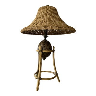 1980s Bamboo Bali Wood Lamp With Rattan Shade For Sale