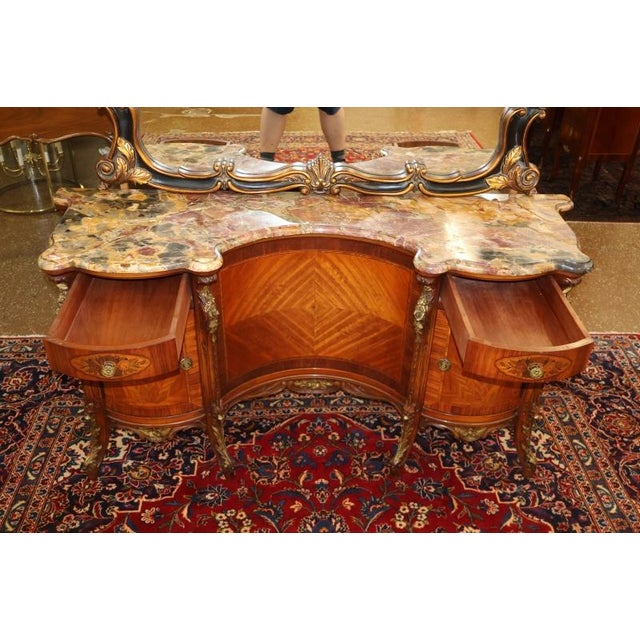 1920's French Style Marble Top Inlaid Walnut Vanity With Later Companion Mirror For Sale In New York - Image 6 of 15