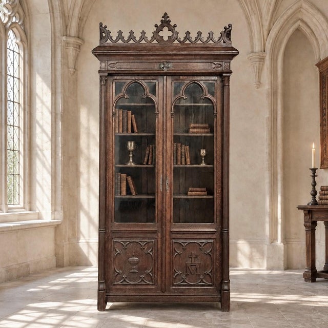 A 19th century French Gothic Revival bookcase in quarter sawn oak, its warm patina deepened by more than a century of life...