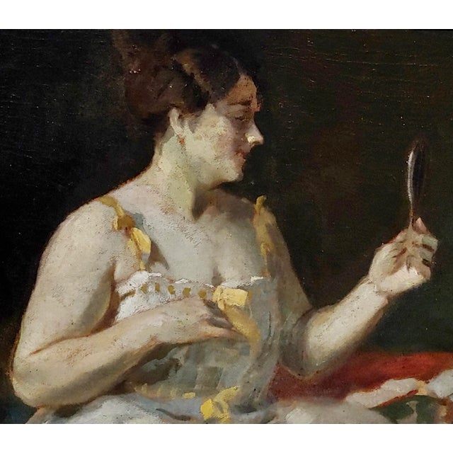 1920s Lajos Jambor -Woman Looking at a Hand Mirror -Oil Painting C.1920s For Sale - Image 5 of 12