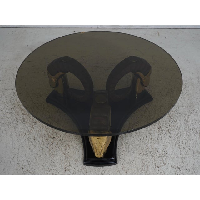 Age: Approx: 40 Years Old Details: High Quality Construction Distressed Brass Gazelle Round Black Glass Top Condition:...