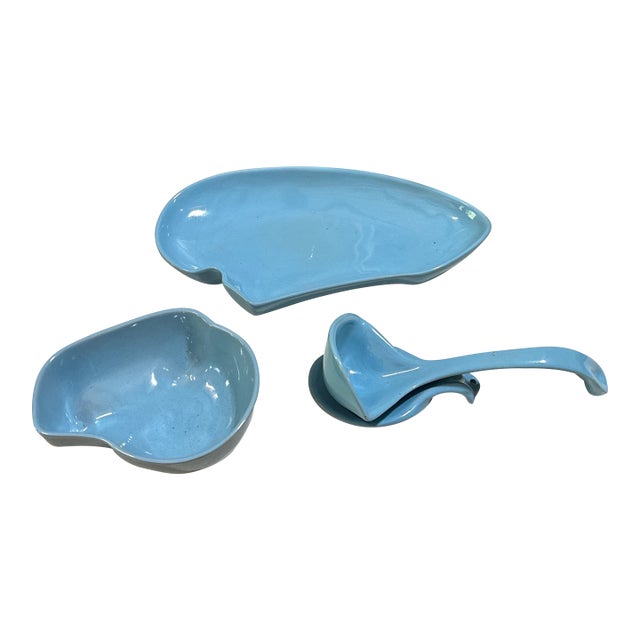 1970s Instant Collection of Blue Frankoma Lazy Bones Ceramic Kitchen Accessories- Set of 4 For Sale