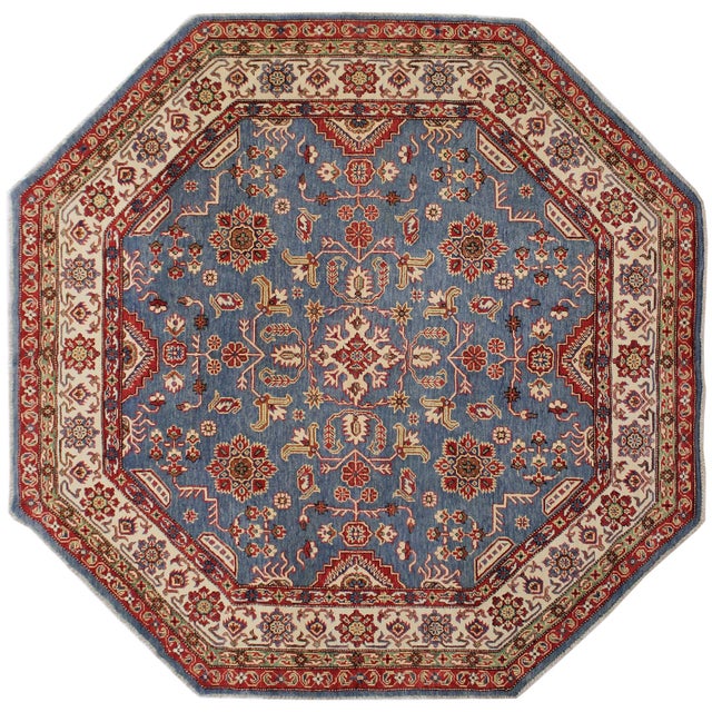 Bohemian Kazak Blue/Ivory Wool Octagon Rug- 7'8'' X 7'9'' For Sale - Image 10 of 10