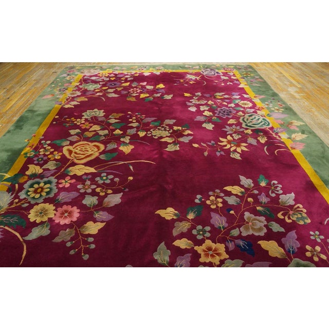 1920s Chinese Art Deco Carpet ( 9' x 11'7" - 275 x 353 ) Antique Art Deco Chinese Floral Green, Red 1920s Rug, Circa Date:...