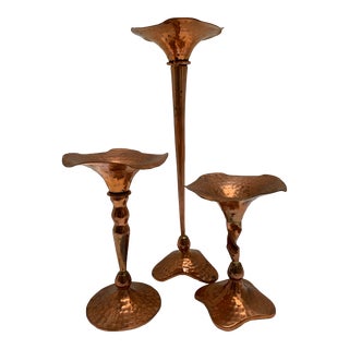 Handcrafted Forged and Hammered Copper Candleholders, Set of Three For Sale