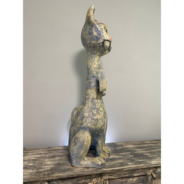 Vintage Jeanne Valentine Oversized Blue Papier-Mâché Cat Sculpture For Sale In Tampa - Image 6 of 13