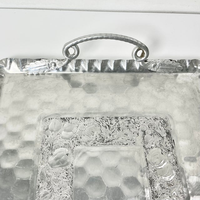 1950s 1950s Vintage Boho Chic Arts & Crafts Hand Wrought Etched Aluminum Serving Tray For Sale - Image 5 of 13