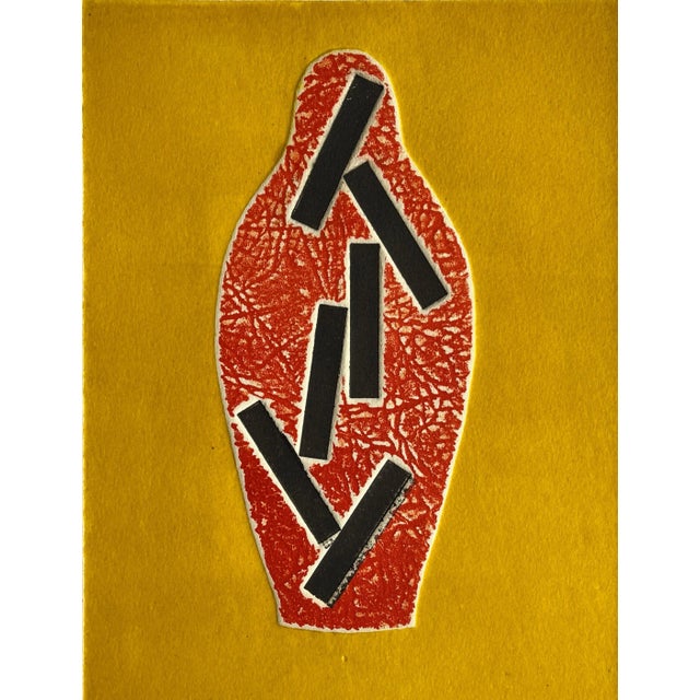 Mid-Century Modern 1960s Abstract Vessel Orange and Yellow Collagraph Ny Artist Myril Adler For Sale - Image 3 of 7