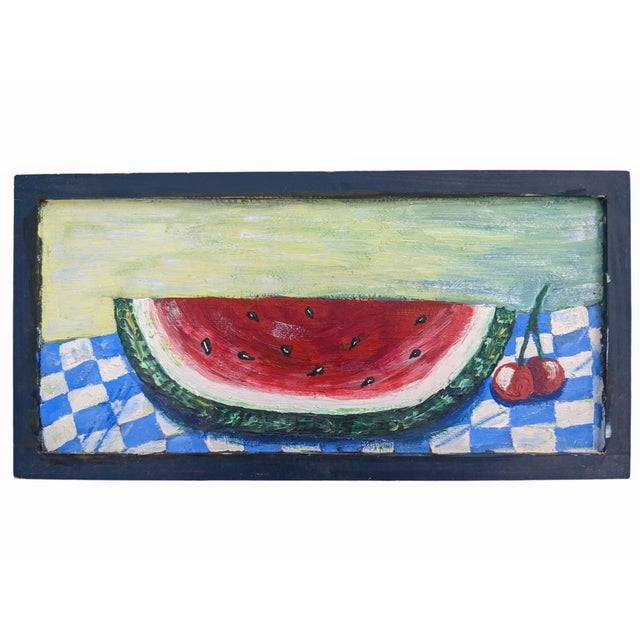 Vintage Original Folk Art Still Life Watermelon Fruit and Cherries on a Blue and White Checkered Tablecloth Painting on...