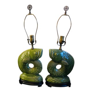 Vintage Asian Koi Fish Wood Base Celadon Green Lamps with Brass Finial - a Pair For Sale