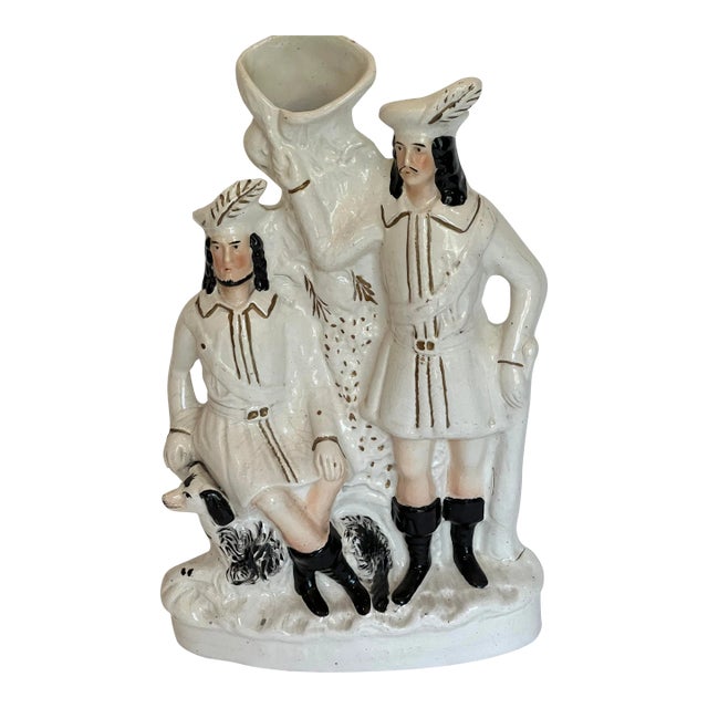 Antique Staffordshire England Robinhood and Little John Flatback Spill Vase Figurine For Sale