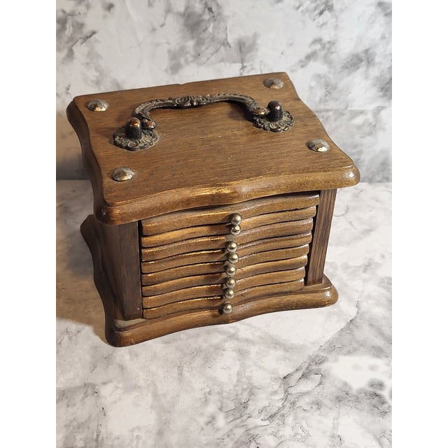Vintage Wood and Cork Coaster Set with brass knobs on each drawer. This is a rustic mid-century modern unite with 8...
