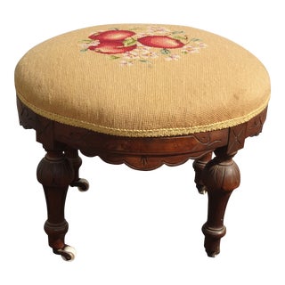 Vintage French Country Brown With Floral Tapestry Needlepoint Footstool For Sale