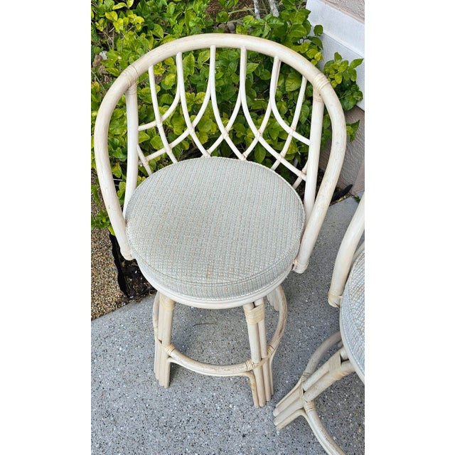 Wood Set of Four Lane Venture "Tradewinds" Swivel Rattan Bar Stools For Sale - Image 7 of 14