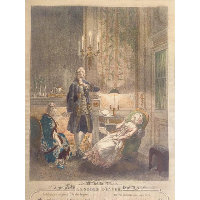 This rare antique 1774 Freudenberger's " La Soiree D"Hyer " original French etching engraving hand painted art print is an...
