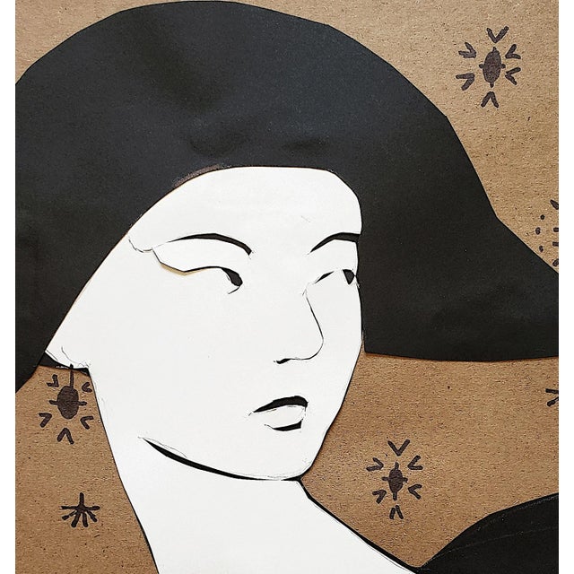 Original, unique artwork, an elegant, fashion-inspired portrait in cut-paper collage and ink. The shapes are layered...