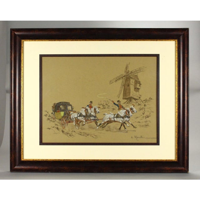 Beige Antique De Marcillac French Gouache and Watercolor Painting of a Stage Coach & Windmill For Sale - Image 8 of 8