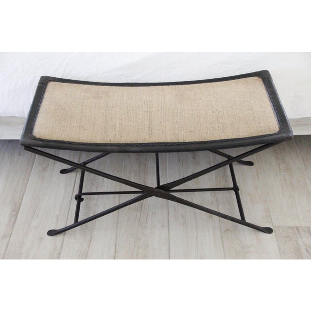 Black Iron Bench Upholstered in Black Leather and Burlap Chairish