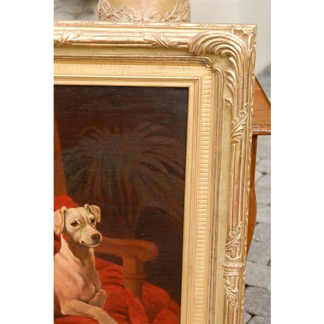 English Late 19th Century Vertical Oil Painting of a Dog Sitting in an Armchair For Sale In Atlanta - Image 6 of 10