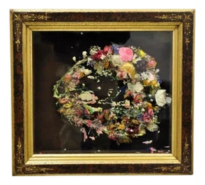 Antique Victorian Wax Flower Floral Mourning Wreath Shadow Box Wall Frame Oddity