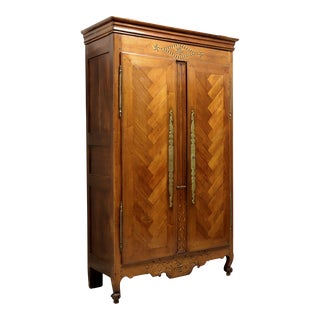 Antique 18th Century Inlaid Walnut French Country Louis XV Armoire For Sale