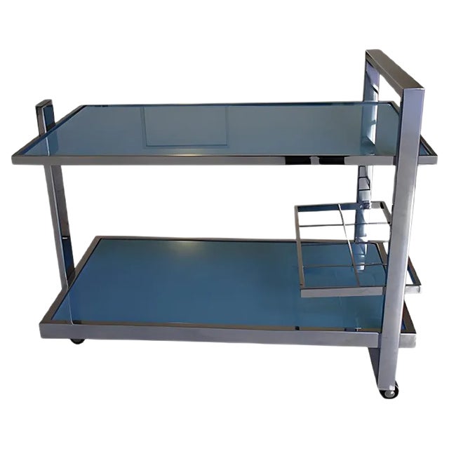 Chrome and Turquoise Glass Trolley, 1980s For Sale