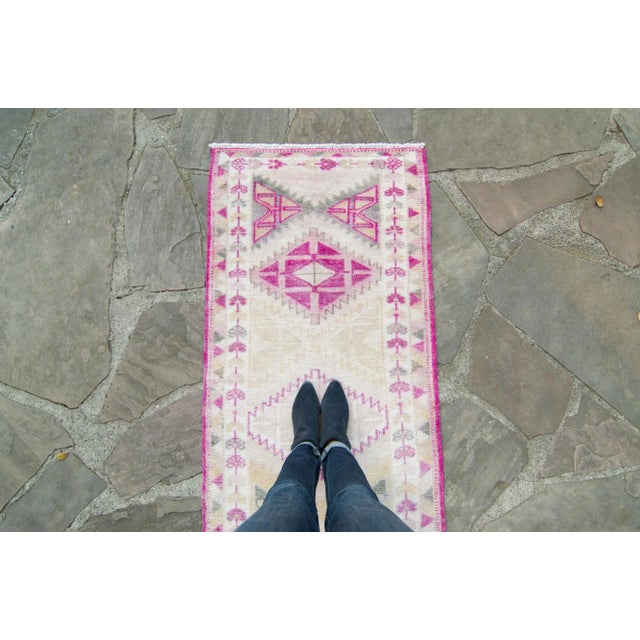 Vintage 1940s Pink Beige Kurdish Geometric Wool Faded Runner - 10’10” X 2’ 7.5” For Sale - Image 4 of 11