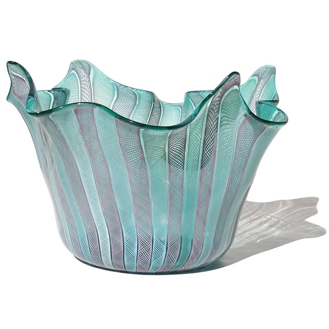 Beautiful, and extra large, vintage Murano hand blown pink and white ribbons over aqua blue Italian art glass sculptural...